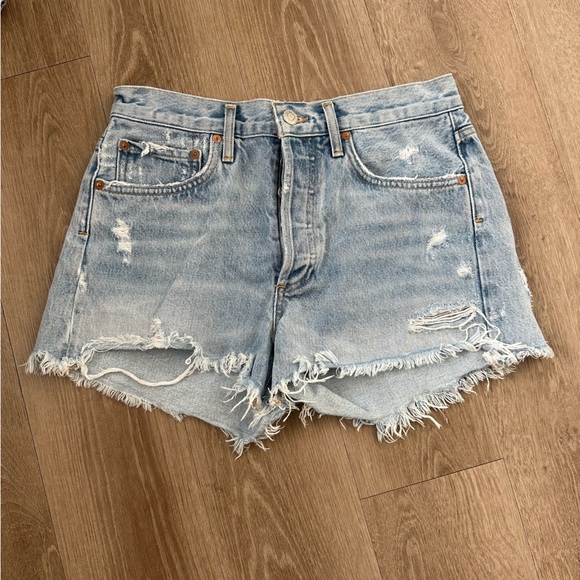 Agolde Light Blue Distressed Jean Shorts - Picture 1 of 5